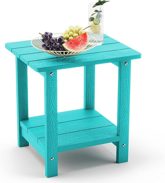 LUE BONA Adirondack Outdoor Side Table, 2-Tier Aruba Blue HDPS Patio End Table Weather Resistant, Outdoor Morden Side Table for Patio, Pool, Porch | 2-Tier Shelf for Extra Storage, Small End Table for Pool, Porch, Balcony, Weather Resistant HDPS, Easy ...