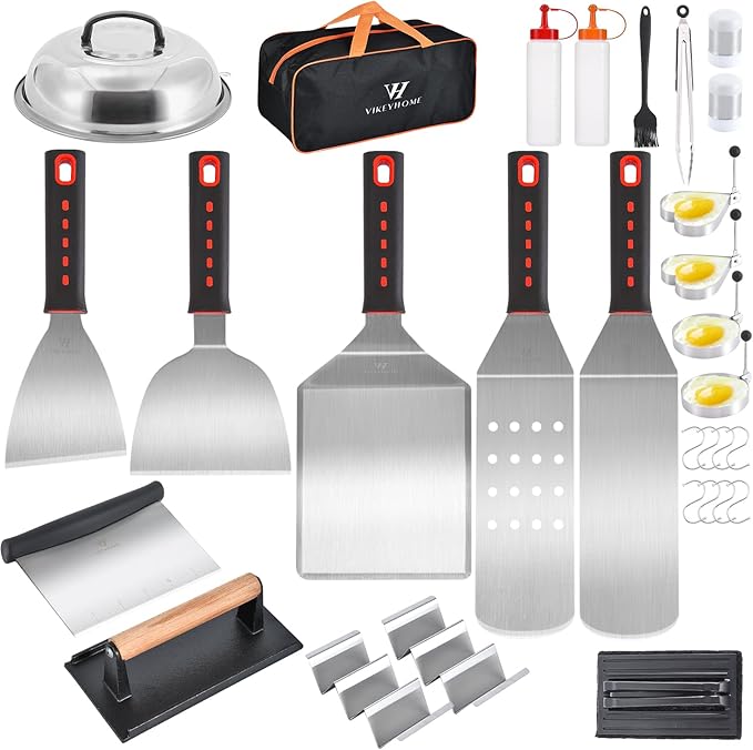 VIKEYHOME Griddle Accessories Kits, 30 Pcs Griddle Grill Tools Set, Professional Grill BBQ Spatula Set with Basting Cover, Spatula, Scraper, Bottle, Tongs, Egg Ring