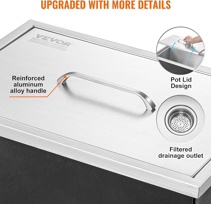 VEVOR Drop in Ice Chest, 20" L x 14" W x 12" H Stainless Steel Ice Cooler, Commercial Ice Bin with Cover, 40 qt Outdoor Kitchen Ice Bar, Drain-Pipe and Drain Plug Included, for Cold Wine Beer | Commercial Ice Bin with Cover, 40 qt Outdoor Kitchen Ice B...