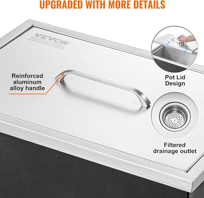 VEVOR Drop in Ice Chest, 20" L x 14" W x 12" H Stainless Steel Ice Cooler, Commercial Ice Bin with Cover, 40 qt Outdoor Kitchen Ice Bar, Drain-Pipe and Drain Plug Included, for Cold Wine Beer | Commercial Ice Bin with Cover, 40 qt Outdoor Kitchen Ice B...