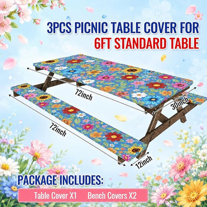 Cinrobiye 3PCS Floral Picnic Table Cover Set Fitted Elastic Waterproof Tablecloth with Bench Covers Blue Flower Camping Table Cover for Outdoor Picnic Camping Backyard BBQ 72 x 30 Inch