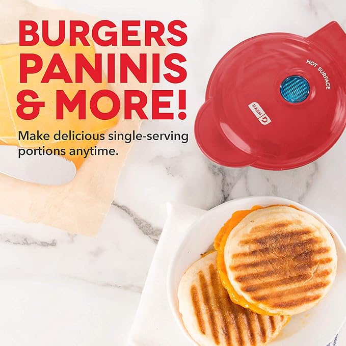 DASH Mini Maker Portable Grill Machine + Panini Press for 4" Burgers, Sliders, Sandwiches, Chicken + Other On the Go Breakfast, Lunch, or Snacks with Recipe Guide - Red