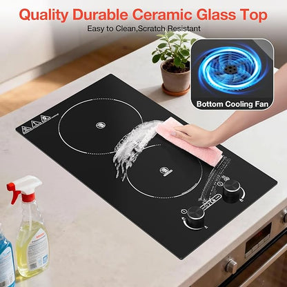 2 Burner Electric Cooktop, 12 Inch Built-in Ceramic Cooktop, 2100W Plug in Electric Stove Top with Knob Control, Keep Warm, 9 Heating Levels, Timer & Child Safety Lock, Over-Temperature Protection
