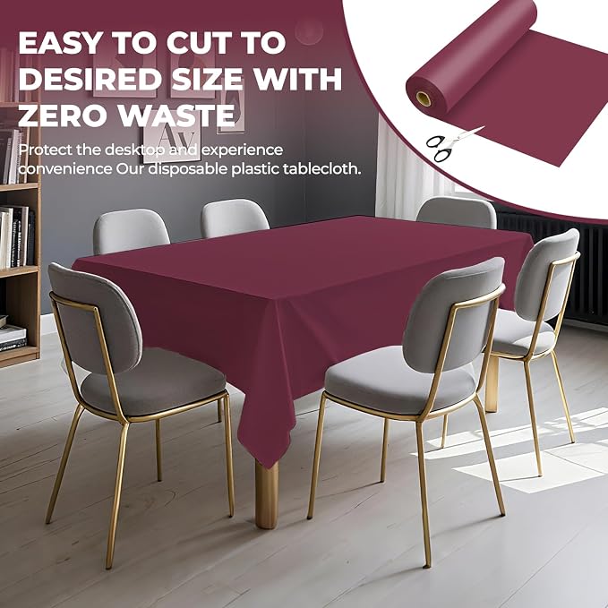 54 Inch X 100 Feet Plastic Table Cover Roll Premium Disposable Plastic Tablecloth for All Type/Shape Tables | Picnic, Party, Banquet, Birthdays, Weddings (Burgundy, 54 Inch X 100 Feet)