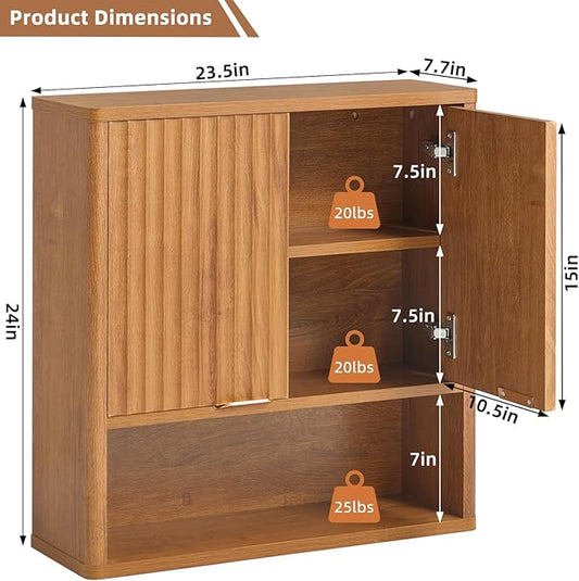 LEYAOYAO Fluted Bathroom Wall Cabinet, Wall-Mounted Medicine Cabinet with Adjustable Shelf and 2 Doors, Tea Brown Farmhouse Over the Toilet Storage Cabinets for Laundry Room, Kitchen, Living Room