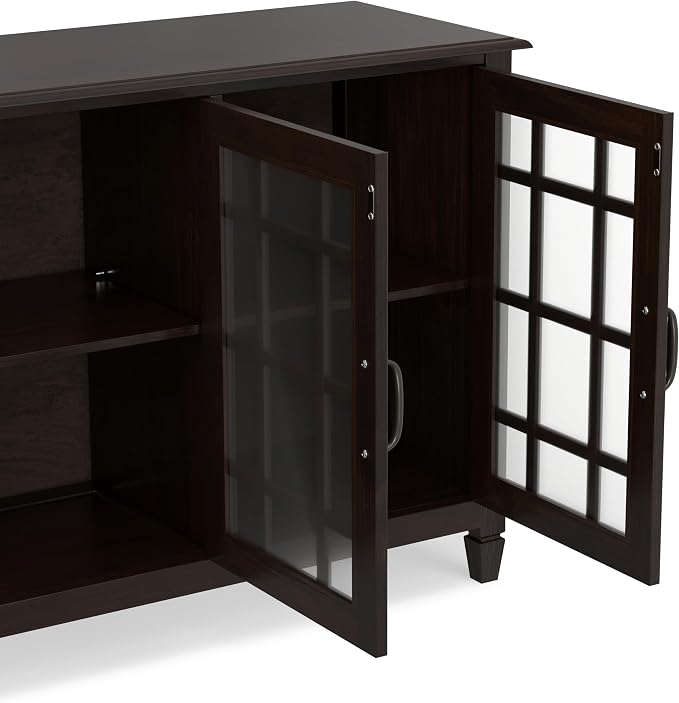 SIMPLIHOME Connaught 60" Solid Wood Buffet in Chestnut Brown | Traditional sideboard buffet with glass doors and adjustable shelves for organized dining or living room storage.