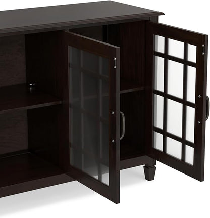 SIMPLIHOME Connaught 60" Solid Wood Buffet in Chestnut Brown | Traditional sideboard buffet with glass doors and adjustable shelves for organized dining or living room storage.