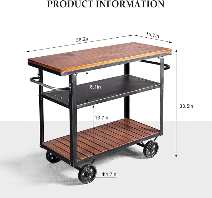 Industrial 3 Tier Rolling Utility Storage Cart Wine Beverage, Metal Wine Rack with Wheels Kitchen Bar Dining Room Tea Wine, Storage Cart with Wood
