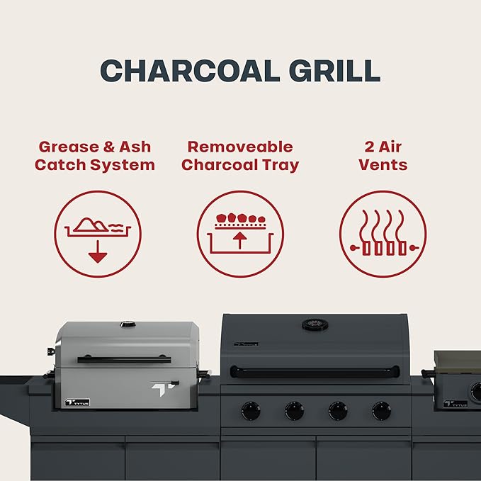 Tytus Anaheim 4-Burner Gas Grill with Two Prep Carts, Charcoal Grill, and Gas Griddle with Cover, Light, and Baking Stone - Modular Outdoor Kitchen, Quick Assembly, Outdoor Cooking