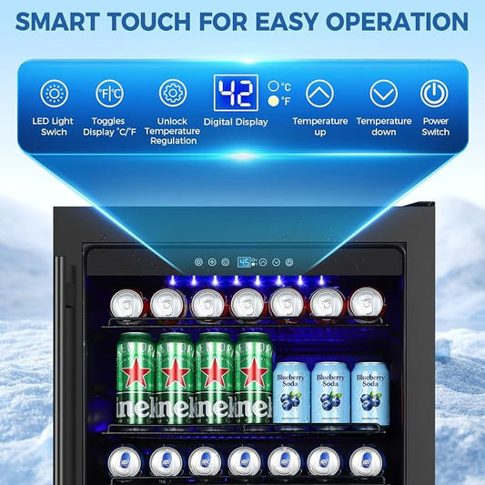 24 Inch Beverage Refrigerator Under Counter, Drink Fridge 180 Cans Large Capacity with Glass Door, 38dB Whisper Quiet Beverage Cooler Built-in for Home Bar Office, Memory Function for Beer Soda, Black