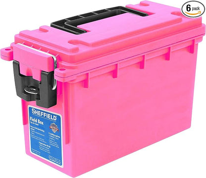 Sheffield 12631 Ammo Storage Box, Stackable .30 Cal Field Boxes, Water and Dust Resistant, Lockable Storage Box with Handle, Secures Hunting Gear, Supplies, and Bullets, Made in USA, Pink, (Pack of 6)