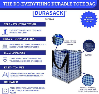 DURASACK Heavy Duty Storage Tote Bag 22-Gallon, Gingham Multi, Pack of 4 | Rugged Woven Polypropylene Moving Bag, Reusable Self-Standing Design, Holds up to 500 Pounds