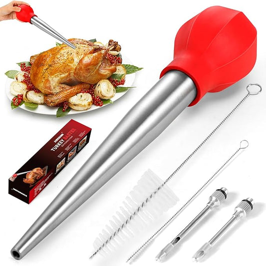 SCHVUBENR Large Turkey Baster with Cleaning Brush & Needle - Stainless Steel Baster Tool for Cooking - Easy to Use and Clean - Heavy Duty Baster Syringe - Thanksgiving, Christmas Essentials - Red
