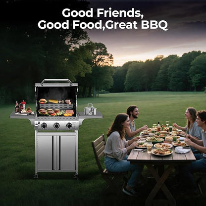 Cowsar Stainless Steel 3-Burner Propane Gas Grill, 24000BTU Last-Long BBQ Grill with Foldable Side Table, Stainless Steel Grate, Barbecue Grill for Outdoor Cooking, Backyard, Patio, Garden, Deck