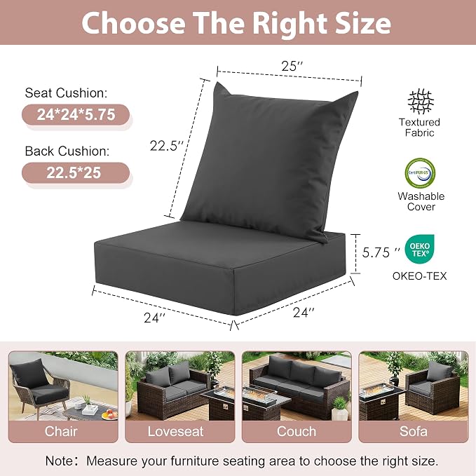 Outdoor Deep Seat Cushion Set, 24x24 Inch, Dark Grey, Set of 4 | Water-Resistant, Fade-Resistant, Removable Cover, For Patio Chair & Sofa&Furniture