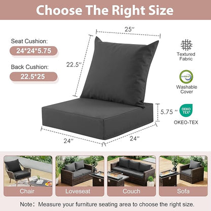 Outdoor Deep Seat Cushion Set, 24x24 Inch, Dark Grey, Set of 4 | Water-Resistant, Fade-Resistant, Removable Cover, For Patio Chair & Sofa&Furniture