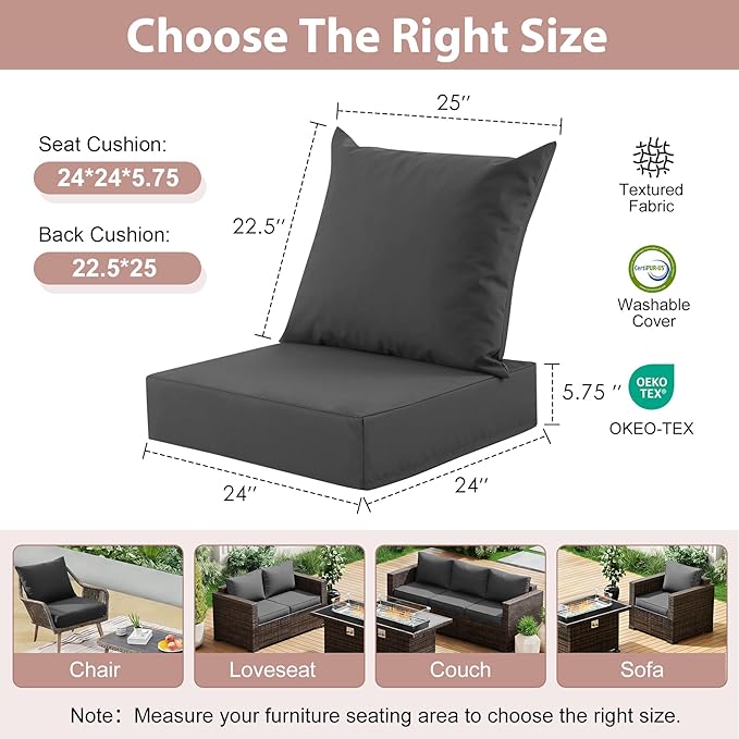 Outdoor Deep Seat Cushion Set, 24x24 Inch, Dark Grey, Set of 1 | Water-Resistant, Fade-Resistant, Removable Cover, For Patio Chair & Sofa&Furniture