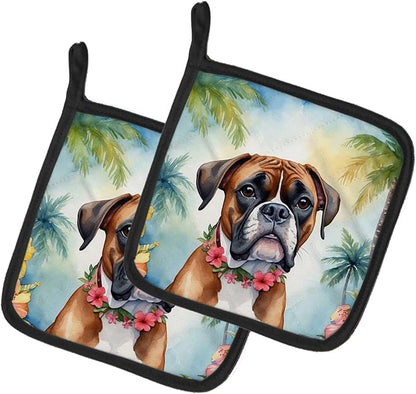 Caroline's Treasures Boxer Luau Pair of Pot Holders Kitchen Heat Resistant Pot Holders Sets Oven Hot Pads for Cooking Baking BBQ, 7 1/2 x 7 1/2