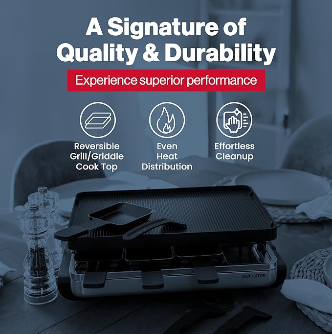 Swissmar Classic Raclette Party Grill with Reversible Cast Aluminum Non-Stick Grill Plate/Crepe Top, Outdoor & Indoor Electric BBQ Grill, Samgyupsal Griller - Brushed Stainless Steel - 8-Person