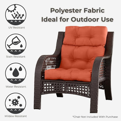 Outdoor Tufted High-Back Chair Cushions, One-Piece Hinged Seat and Back Design, Reversible with 4 Ties, Durable Polyester Fabric, Recycled Fiber Fill - Set of 2, Rust