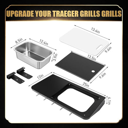 QuliMetal Folding Front Shelf for Traeger Pro 22, Pro 575, Ironwood 650, BAC362, Grill Front Table with Cutting Board, Wash Basin, Lid & 5 Hooks, Steel BBQ Prep Shelf for Food Prep and Storage