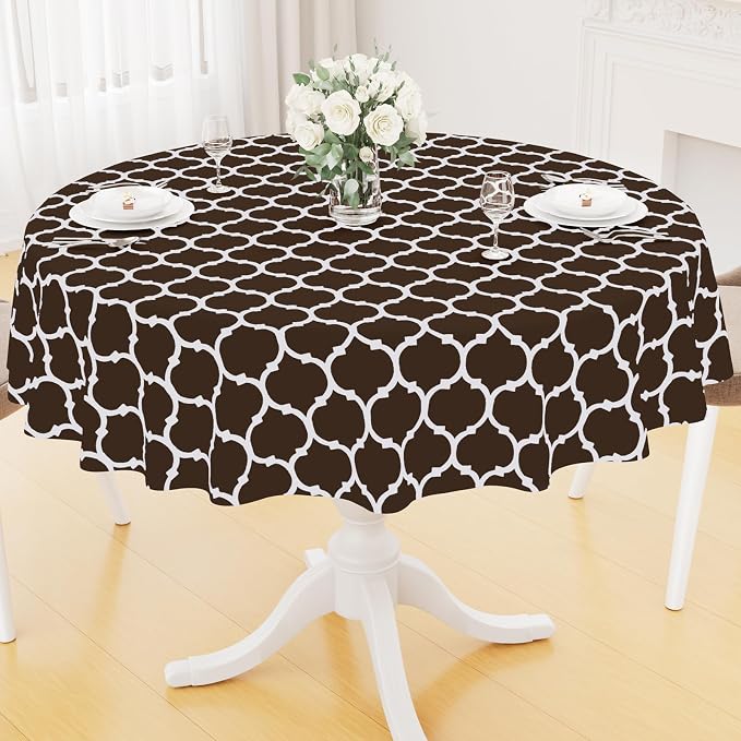 Smiry Round Plastic Table Cloth, Waterproof Vinyl Tablecloth with Flannel Backing for Round Tables, Wipeable Spillproof Tablecloths for Dining, Camping, Indoor and Outdoor (60" Round, Coffee)