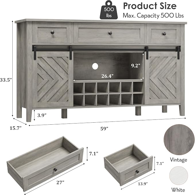 CABIHOME Farmhouse 47.2'' Buffet Cabinet with Sliding Barn Door, 33.4'' Tall Wood Rustic Sideboard with 3 Drawer, Adjustable Shelf and Removable Wine Rack (Vintage, 59'')