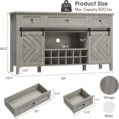 CABIHOME Farmhouse 47.2'' Buffet Cabinet with Sliding Barn Door, 33.4'' Tall Wood Rustic Sideboard with 3 Drawer, Adjustable Shelf and Removable Wine Rack (Vintage, 59'')