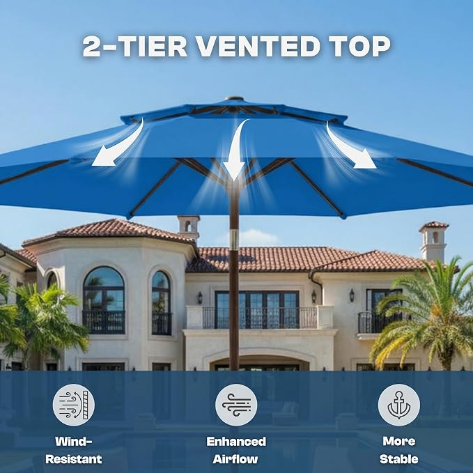 10FT Outdoor Patio Umbrella, 2 Tiers Market Table Umbrella with 8 Sturdy Ribs, Push Button Tilt and Crank, UPF50+ UV Protection for Deck, Pool, Garden and Backyard