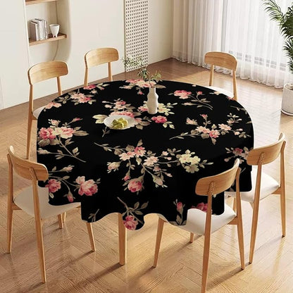Vintage Flower Round Tablecloth, Black Pink Garden Florals Rustic Roses Boho Botanical Plant Water Resistant Wipeable Table Cover for Picnic Party Holiday Kitchen Dinner Table 36"