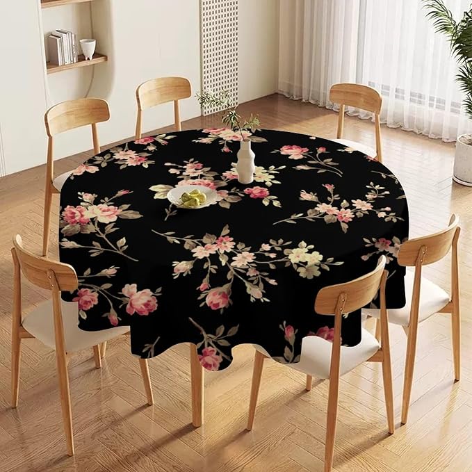 Vintage Flower Round Tablecloth, Black Pink Garden Florals Rustic Roses Boho Botanical Plant Water Resistant Wipeable Table Cover for Picnic Party Holiday Kitchen Dinner Table 50"