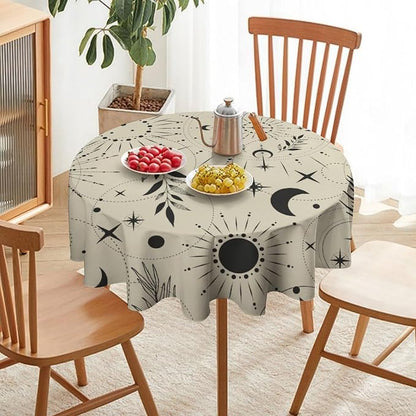 Sun Moon Round Tablecloth Vintage Boho Astrology Star Crescent Galaxy Space Table Cloth Water Resistant Wipeable Table Cover for Farmhouse Picnic Party Holiday Kitchen Dinner Table 50"