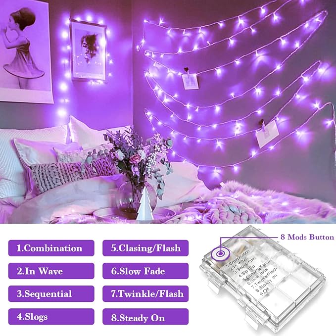 JMEXSUSS 33ft 100 LED Purple Christmas Lights, Battery Operated Christmas Lights with Remote Indoor Outdoor, Purple String Lights for Tree Room Proch Yard Xmas Decor (Pack of 2)
