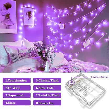 JMEXSUSS 33ft 100 LED Purple Christmas Lights, Battery Operated Christmas Lights with Remote Indoor Outdoor, Purple String Lights for Tree Room Proch Yard Xmas Decor (Pack of 2)