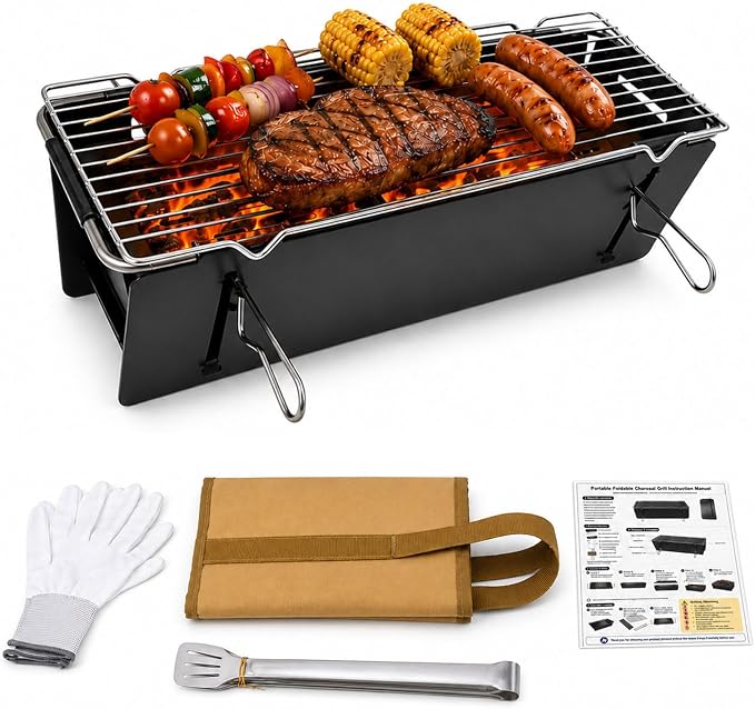Portable Charcoal BBQ Grill, Small Foldable Camping Barbecue | Serves 2–4, Full‑Grate Cooking Coverage, 3‑Second Setup, with Carry Bag, Ideal for Outdoor Cooking, Tailgating & Backyard