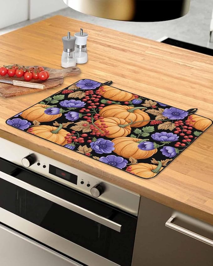 Orange Pumpkin Fall Stove Top Cover for Electric Stove,Thanksgiving Purple Floral Berry Farmhouse Heat-proof & Non Slip Glass Top Stove Cover Protector,Kitchen Flat Cooktop Rubber Mat 28.5x20.5 Inches