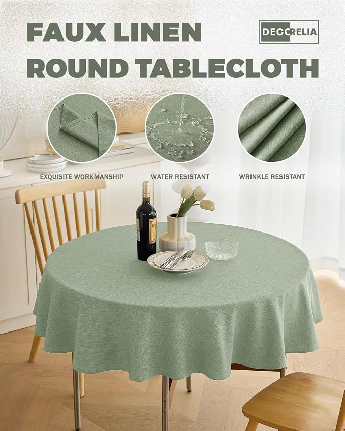 Decorelia Faux Linen Rustic Round Tablecloth for Coffee Table, Decorative Waterproof Outdoor Anti-Scratch Table Cloth Cover for Party, Wedding, Picnics, Patio(Round, 70 Inch(4-6 Seats), Sage Green)