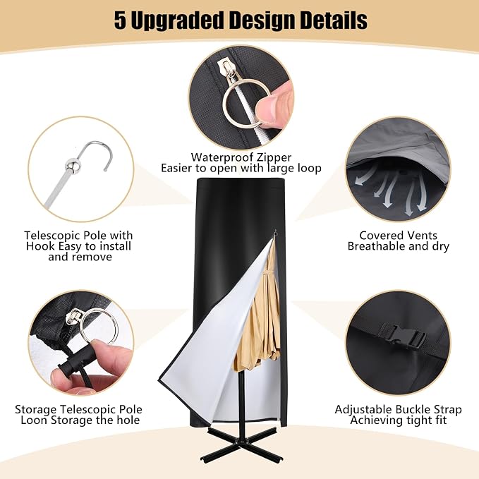 Patio Umbrella Covers, 420D Waterproof Windproof Outdoor Umbrella Cover Fits 13-15 ft with Zipper and Rod, All-Weather Protection for Outdoor Patio, Garden, Deck Umbrellas