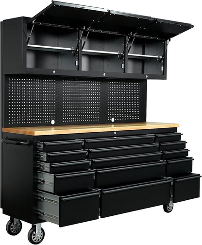 72-inch Rolling Tool Chest Cabinet Garage Workbench with 15 Storage Drawers and Wheels, 3 Upper Cabinet, Pegboard, Steel Large Tool Box for Garage Workshop, Matte Black