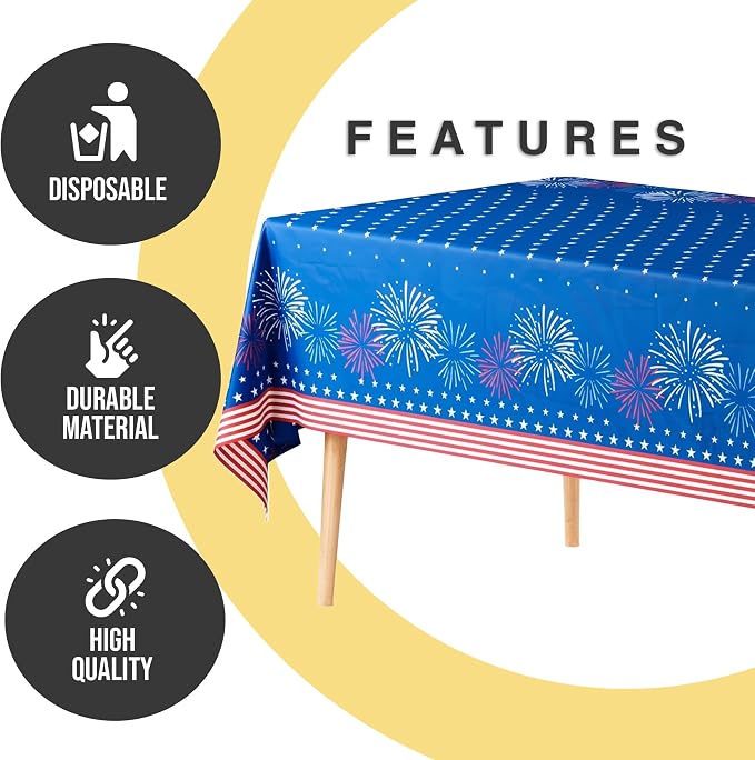 Exquisite 66% Thicker 4th of July Tablecloth 24 Pack - Patriotic Red White and Blue Plastic Tablecloth Rectangle 54x108 Inch - American Flag Disposable Table Cover - Memorial Day Independence Day