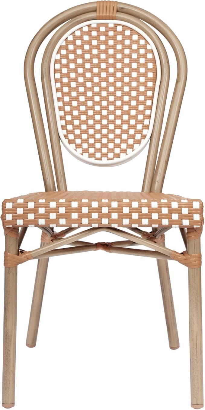 Flash Furniture Lourdes Indoor/Outdoor Commercial Thonet Bistro Stack Chair - Natural/White PE Rattan Back and Seat - Light Natural Bamboo Print Metal Frame
