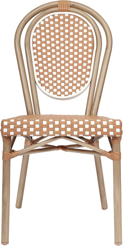 Flash Furniture Lourdes Indoor/Outdoor Commercial Thonet Bistro Stack Chair - Natural/White PE Rattan Back and Seat - Light Natural Bamboo Print Metal Frame