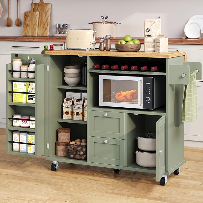 knoworld Rolling Kitchen Island with Storage Cabinet, 41.3'' Width Kitchen Cart with Desktop Drop Leaf Countertop, Portable Mobile Island with Towel Rack, Spice Rack Shelf and Lockable Wheels, Green
