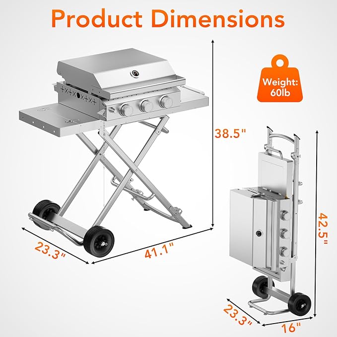 Heavy-Duty 3-Burner Propane Gas Griddle, Portable Griddle with Collapsible Stand, Full Stainless Steel Construction, 24,000 BTU Flat Top Gas Grill Griddle for Camping, Tailgating, Backyard & Patio