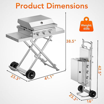 Heavy-Duty 3-Burner Propane Gas Griddle, Portable Griddle with Collapsible Stand, Full Stainless Steel Construction, 24,000 BTU Flat Top Gas Grill Griddle for Camping, Tailgating, Backyard & Patio