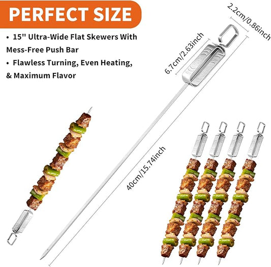 BBQ Skewers for Grilling - 16" Flat Stainless Steel Shish Kabob Skewers with Push Bar Slider - Reusable Metal Kebab Sticks for Meat, Chicken, Shrimp & Vegetables, Set of 6