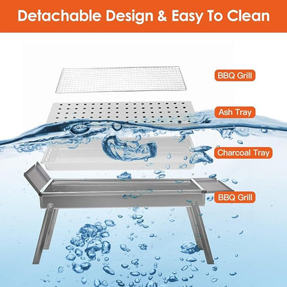 Portable Charcoal BBQ Grill, Foldable BBQ Grill with Stainless Steel Grill Net, Charcoal Drawer Tray & Food Trays, Easy Setup Barbecue Grill for Camping Picnic Outdoor Party Backyard (34.25x8.85x12in)