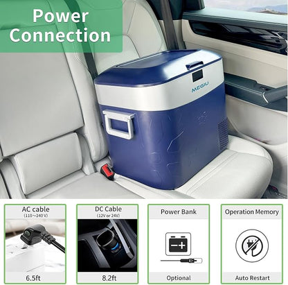 Megiu Car Refrigerator Portable Car Fridge 12V Refrigerator 23 Quart (22 Liter) Freezer Compressor Cooler 12V/24V DC 110～240 V AC for Outdoor Camping Travel Home Use -18℃~+15℃ (Blue)