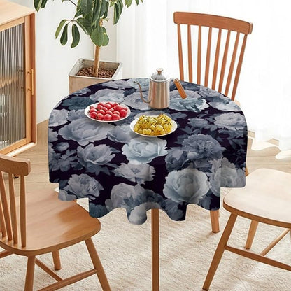 Vintage Florals Round Tablecloth, Gothic Black Garden Peonies Flowers Rustic Roses Boho Botanical Plant Water Resistant Wipeable Table Cover for Picnic Party Holiday Kitchen Dinner Table 50"