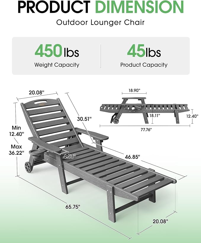 Lounge Chair Outdoor Set of 4 with Wheels, Adjustable 5-Position Chaise Lounge Outdoor, Patio Lounge Chair for Poolside Backyard, Dark Grey